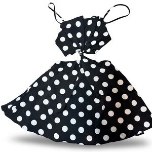 Vici Black Dress with White Polka Dots and Front Cutout